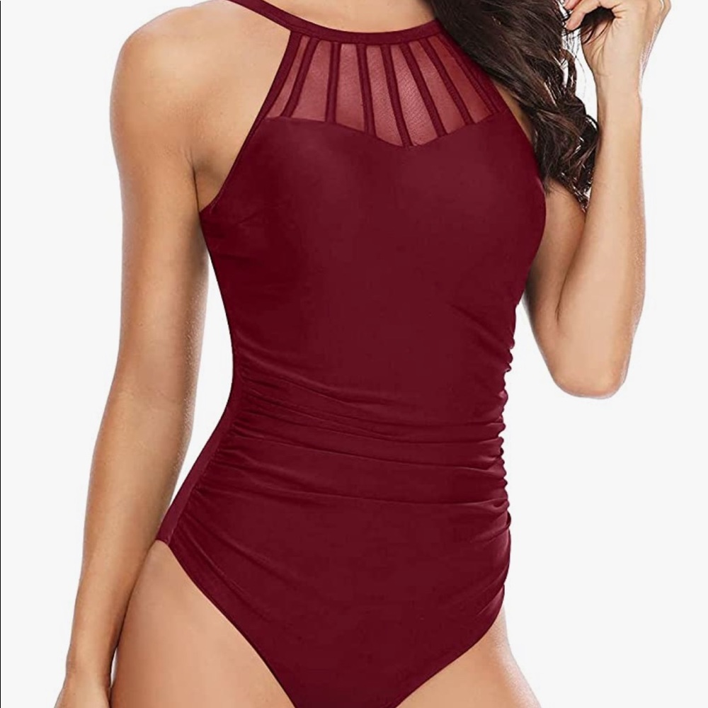 Flattering red high neck swimsuit!